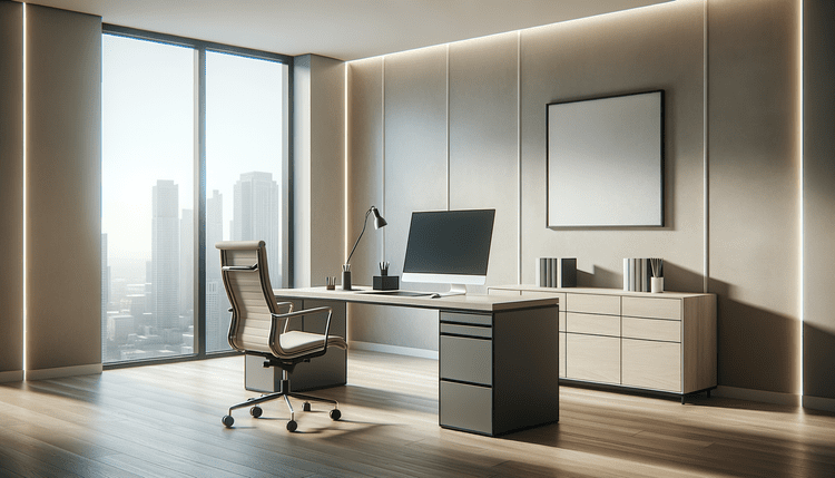 A calm, light-filled office with a desk and a city view