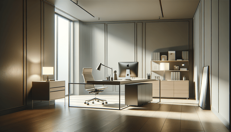 A quiet modern office with a desk, a lamp and shelves of binders